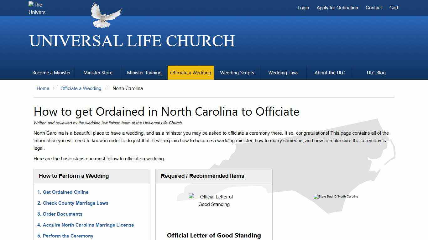 How to get Ordained in North Carolina to Officiate - Universal Life Church
